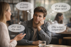 Hombre en una conversación mirando pensativo mientras aparecen pensamientos sobre qué decir y si está siendo juzgado